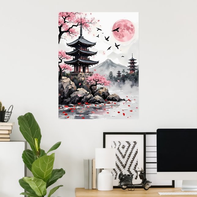 Poster Pagoda debaixo de uma lua rosa (Escritório em casa)