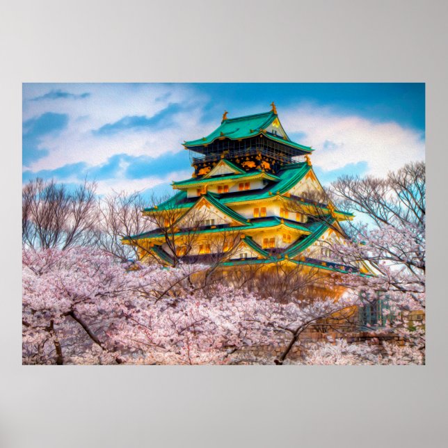 Poster Pagoda Do Jardim Japonês E Sakura Em Osaka, Japão (Frente)