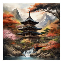 Pagoda Japonês Perto de uma Caiola de Água