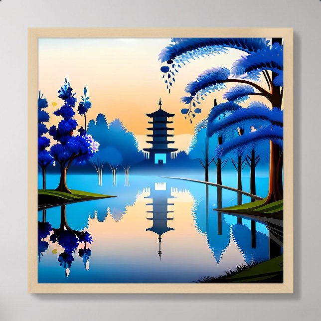 Poster pagoda pintando japão do prédio nascer do sol pare (pagoda painting japan building sunrise look bluish)