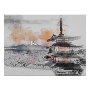 Pôster Pagode Japonesa em Aquarela & Mt. Fuji