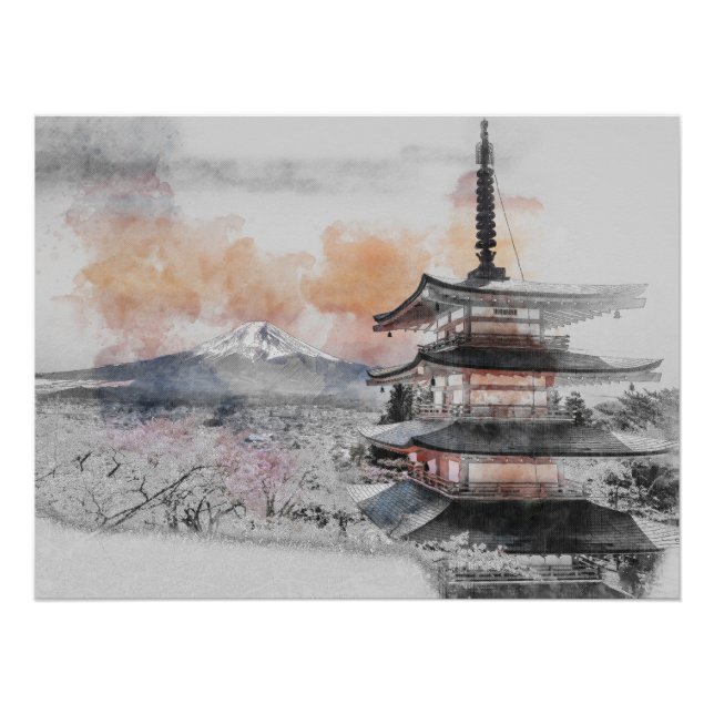Pôster Pagode Japonesa em Aquarela & Mt. Fuji (Frente)