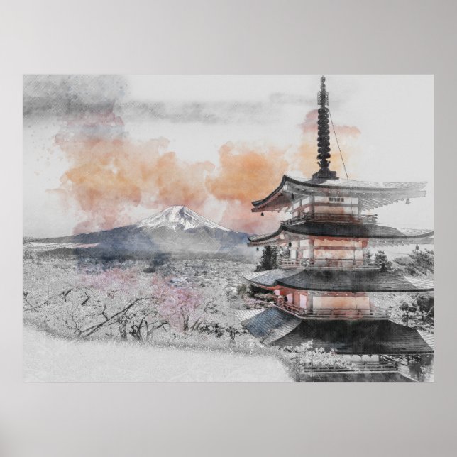 Poster Pagode Japonesa em Aquarela & Mt. Fuji (Frente)