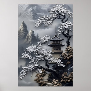 Poster Pagode Japonesa Nebulosa Flor de Cerejeira Branca