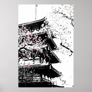 Poster Pagode Japonesa Preto/Branco c/ Arte de Flores de