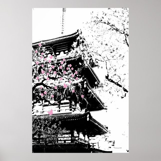 Poster Pagode Japonesa Preto/Branco c/ Flores de Cerejeir (Frente)