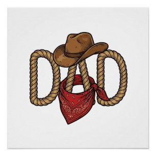 Pôster Pai Cowboy Corda Chapéu Bandana Desenho Vintage De
