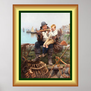 Poster Pai e Filho Sentados No Muro Do Mar Com Telescópio