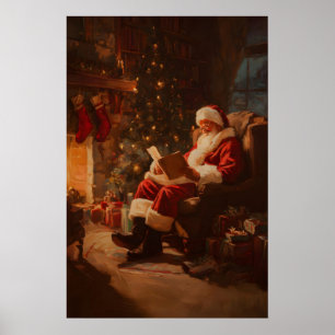 Poster Pai Natal Lendo junto à Lareira Impressão, Vintage
