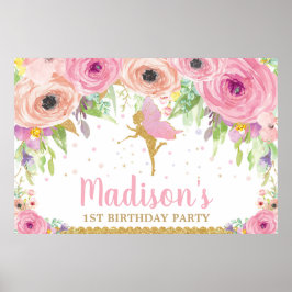 Poster Painel de Aniversário de Fada com Floral Rosa