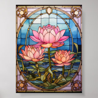 Poster Painel de Arte de Vidro Pintado Flor de Lótus Rosa
