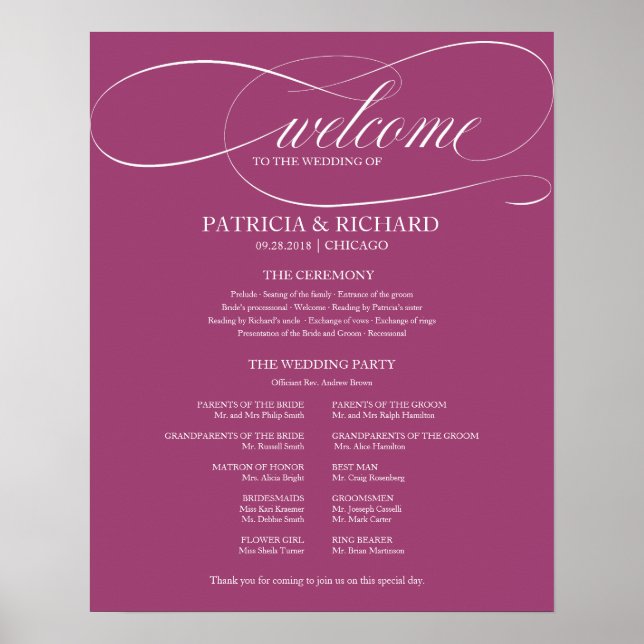 Poster Painel de Programa de Cerimônia de Casamento Rosa  (Frente)