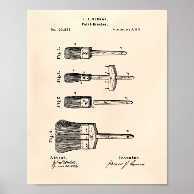 Pôster Paint Brushes 1873 Patent Art Old Peper (Frente)