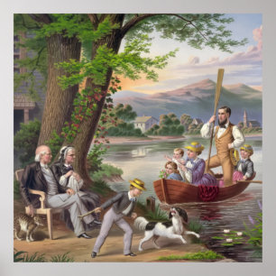 Poster Painting Family Landscape Lake Pessoas Nature Dog