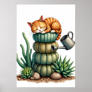 Poster Pais Paisagismo Gato Dormindo Suculentas Aquarela