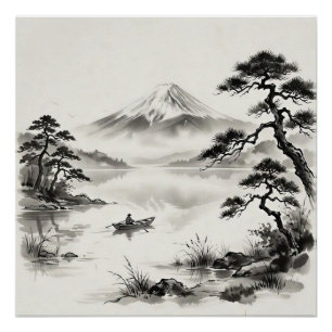 Pôster Paisagem a Nanquim do Monte Fuji Japão