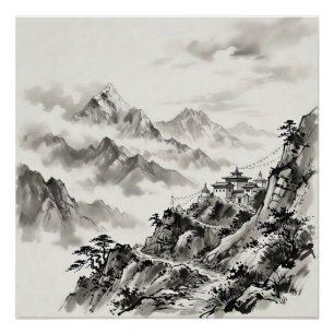 Pôster Paisagem a Nanquim dos Himalaias do Nepal