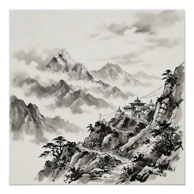 Pôster Paisagem a Nanquim dos Himalaias do Nepal (Frente)