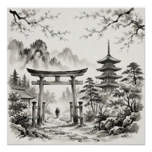 Pôster Paisagem a Tinta Nanquim de Quioto Japão