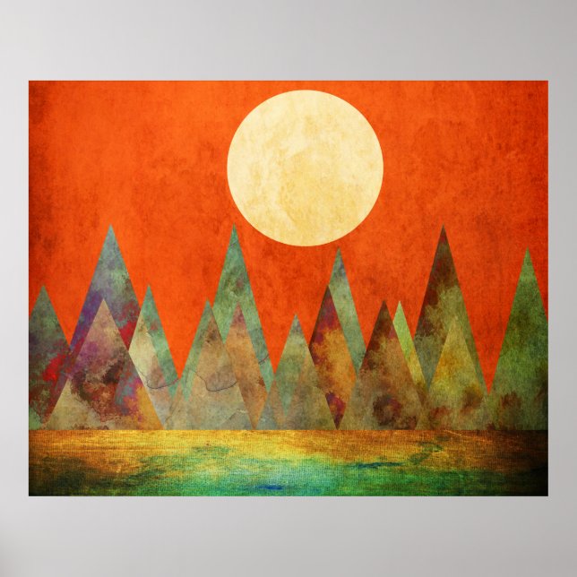 Poster Paisagem Abstrata Lua Cheia Montanhas Céu Laranja (Frente)