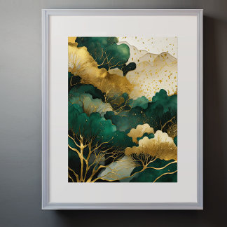 Poster Paisagem Abstrato de Aquarela Dourada VI