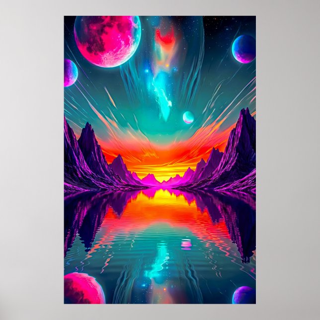 Poster Paisagem Alienigena de Neon Synthwave Gráfico (Frente)