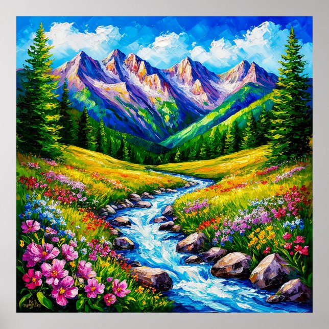 Poster Paisagem Alpina com Flores Silvestres em Flor (Frente)