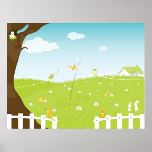 Poster Paisagem bonito com pássaros e árvores do canto