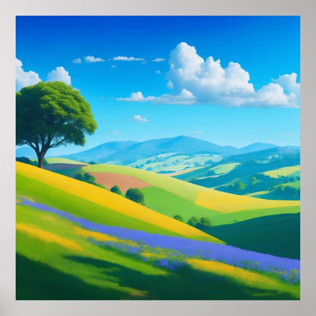 Poster paisagem brilhante com colinas rolantes (Frente)