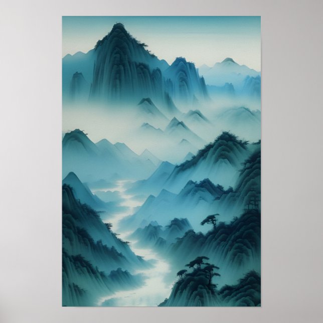 Poster Paisagem Chinesa - Teal Blue Misture Landscape (Frente)