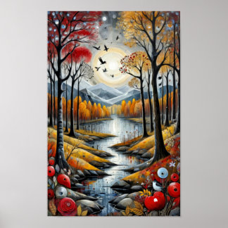 Poster Paisagem colorida surreal com um rio pacífico