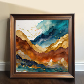 Poster Paisagem com Abstrato de Aquarela Dourada 1:1