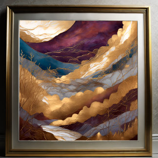 Poster Paisagem com Abstrato de Aquarela Dourada 1:1