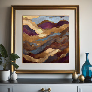 Poster Paisagem com Abstrato de Aquarela Dourada 1:1