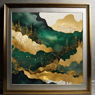 Poster Paisagem com Abstrato de Aquarela Dourada 1:1 II