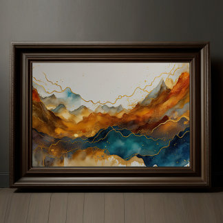 Poster Paisagem com Abstrato de Aquarela Dourada 3:2