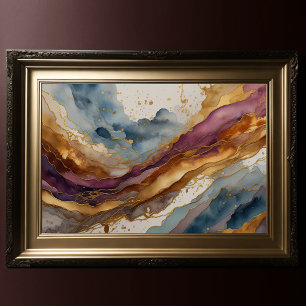 Poster Paisagem com Abstrato de Aquarela Dourada 3:2