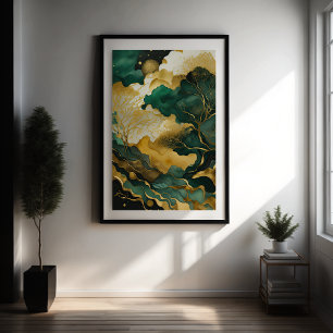 Poster Paisagem com Abstrato de Aquarela Dourada III