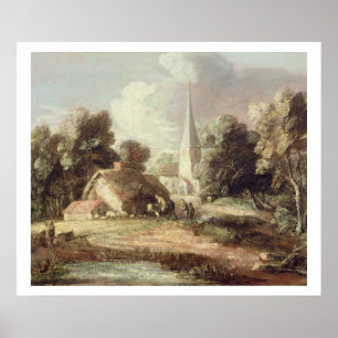 Pôster Paisagem com uma igreja, casa de campo, aldeões e