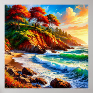 Poster Paisagem Costeira Vibrante com Margens Rochosas