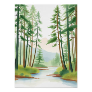 Pôster Paisagem da Floresta Serena em Aquarela