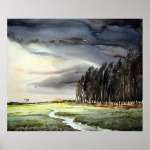 PÔSTER PAISAGEM DA MONÇÃO & PINTURA DE FOREST-WATERCOLO