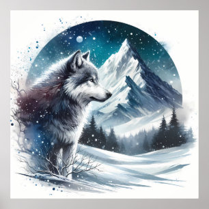Poster Paisagem da montanha de inverno com Lobo