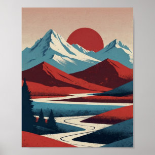 Poster Paisagem da Montanha Retroativa Ilustração Azul Ve