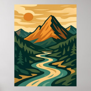 Poster Paisagem da Montanha Retroativa Ilustração Azul Ve