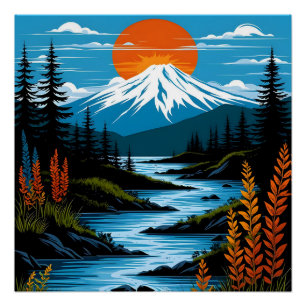 Pôster Paisagem da Montanha Retroativa Ilustração Azul Ve