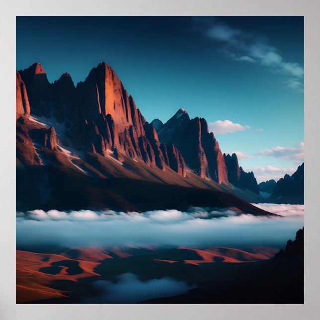 Poster Paisagem da Montanha Retroativa Ilustração Azul Ve (Frente)