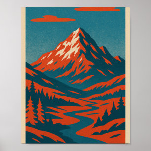 Poster Paisagem da Montanha Retroativa   Red and Blue Vin