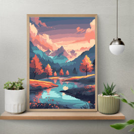 Poster Paisagem Da Natureza Outonal Rio Montanha E Árvore