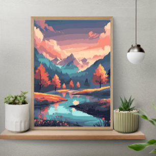 Poster Paisagem Da Natureza Outonal Rio Montanha E Árvore